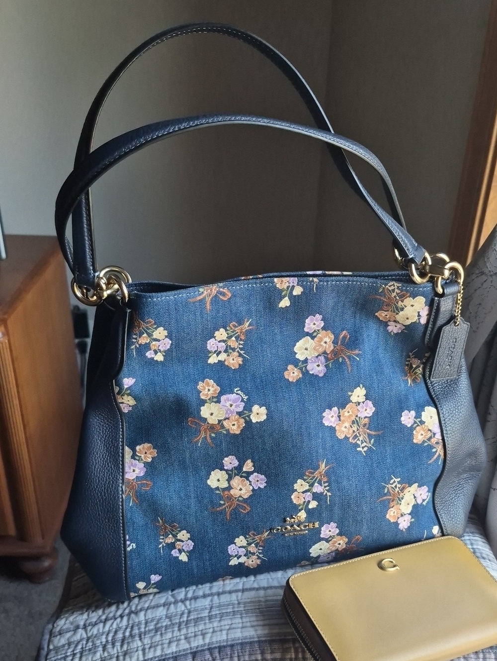 Coach Blue Denim Floral Shoulder Bag with Blue Trim And Coach Retail Wallet